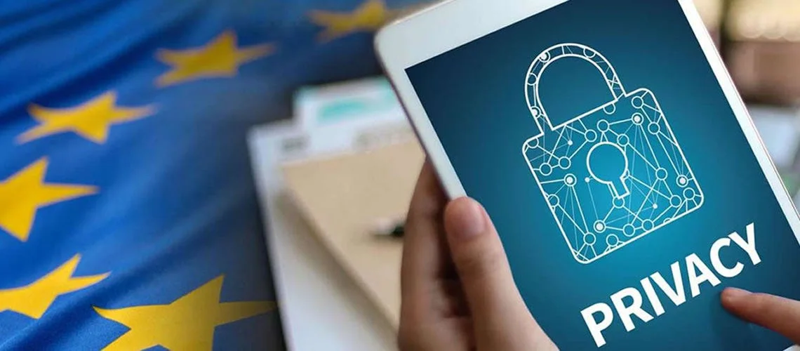 A phone displaying a privacy padlock in front of European Union flags