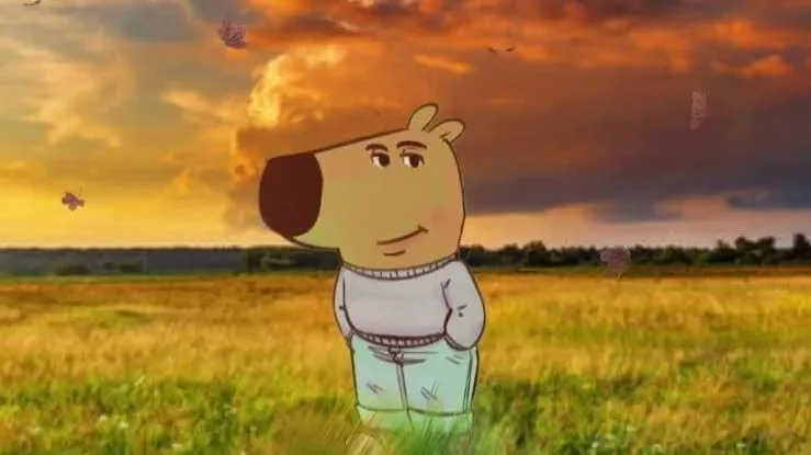 The Chill Guy meme standing in a sunset field